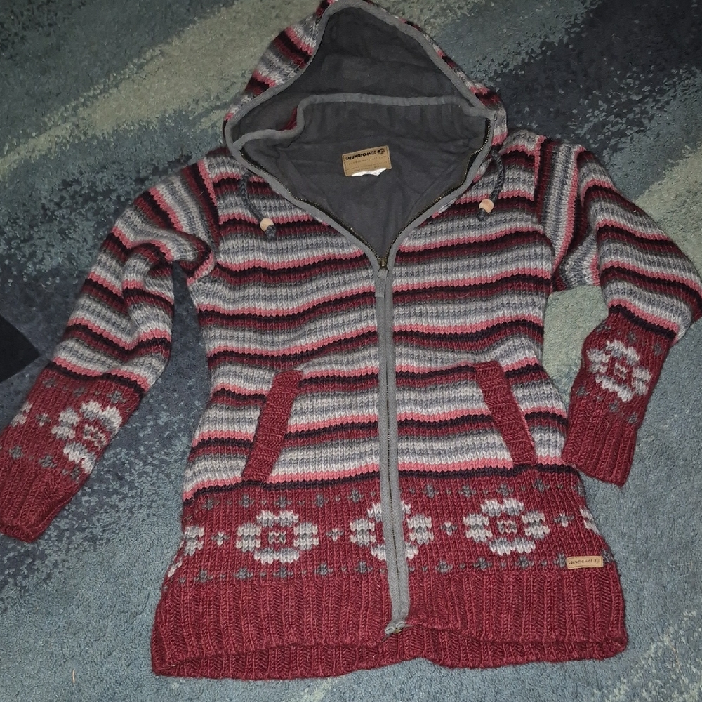 Laundromat Red and Gray Fleece Lined Striped Full Zip Cardigan..size M